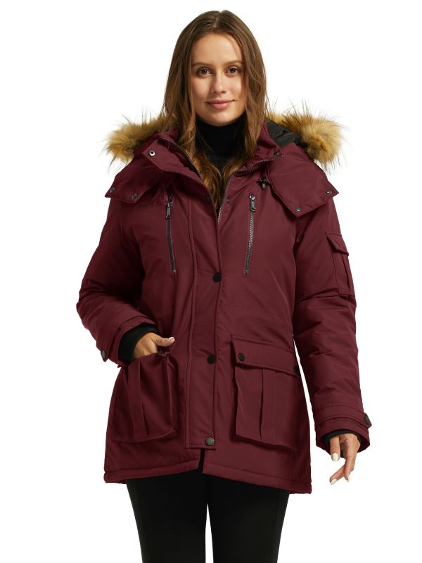 Women's Warm Winter Parka Coat With Faux Fur Hood - Wine Red