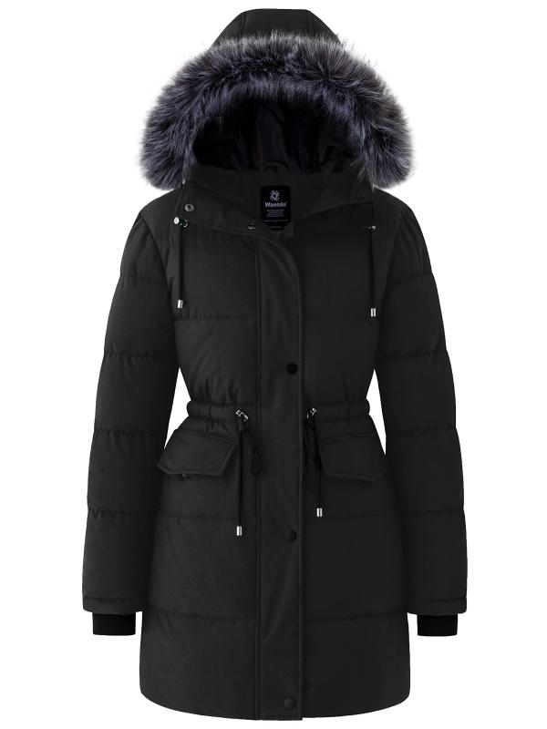 Women's Warm Puffer Jackets Long Winter Parka Coats Recycled Fabric - Black