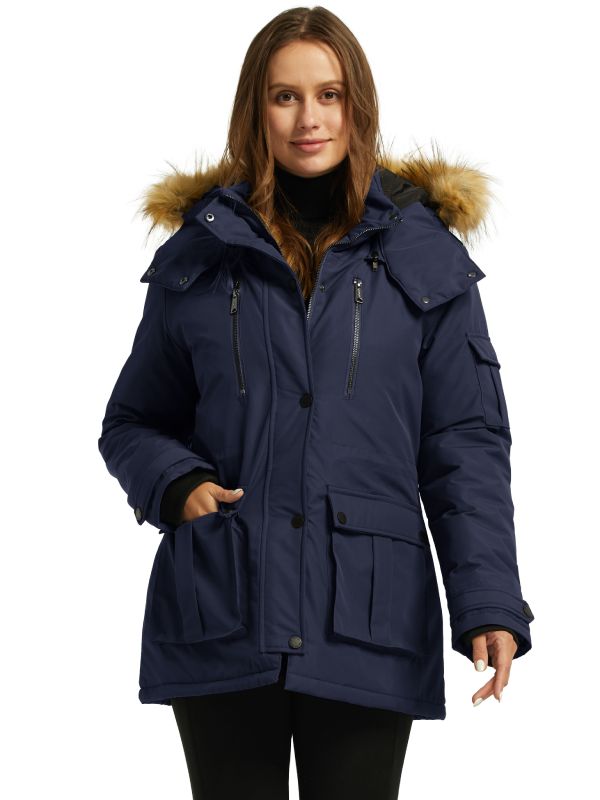 Women's Warm Winter Parka Coat With Faux Fur Hood - Navy