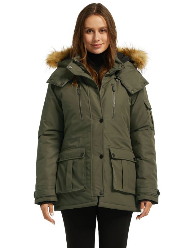 Women's Warm Winter Parka Coat With Faux Fur Hood - Gray