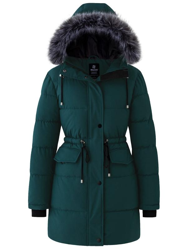 Women's Warm Puffer Jackets Long Winter Parka Coats Recycled Fabric - Blackish Green