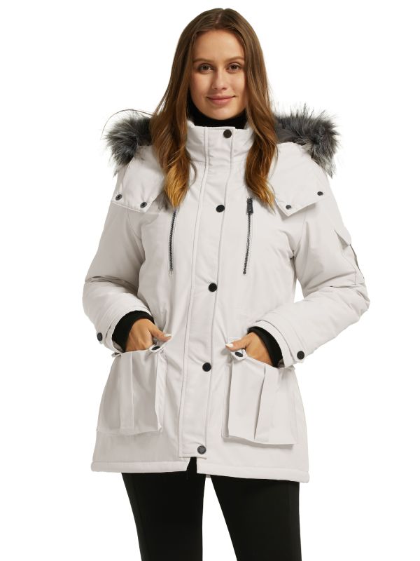 Women's Warm Winter Parka Coat With Faux Fur Hood - Beige