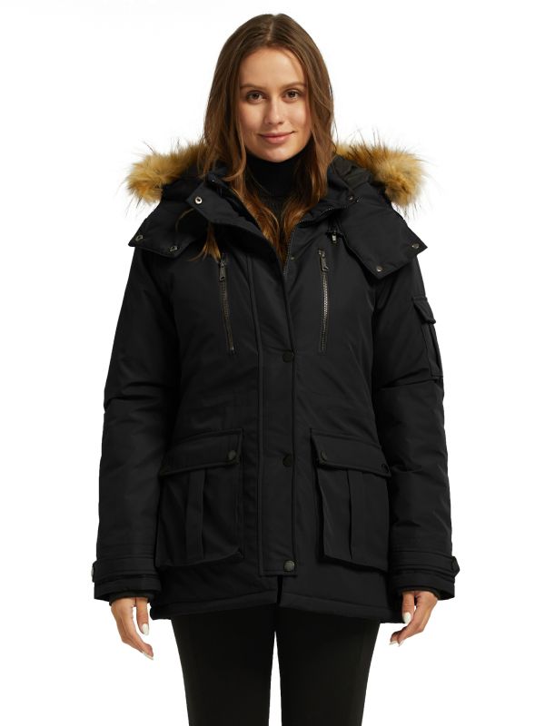 Women's Warm Winter Parka Coat With Faux Fur Hood - Black