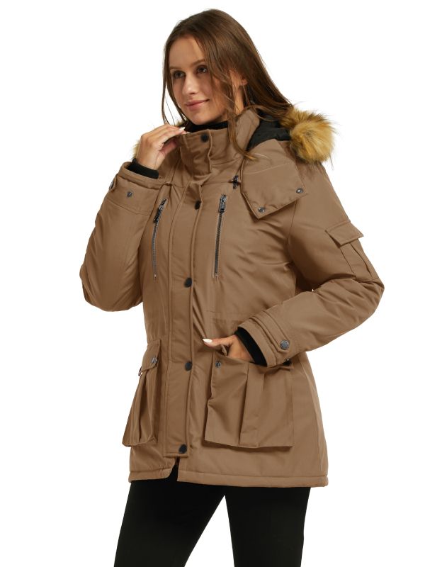 Women's Warm Winter Parka Coat With Faux Fur Hood - Khaki
