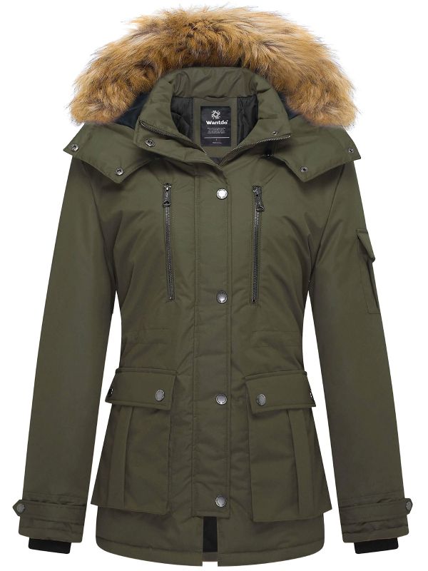 Women's Warm Winter Parka Coat with Removable Faux Fur Hood - Army Green