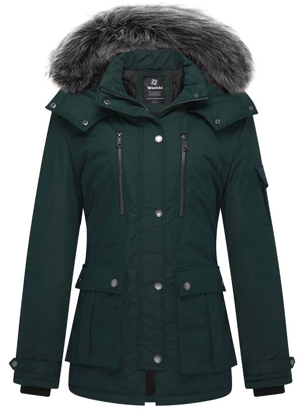 Women's Warm Winter Parka Coat with Removable Faux Fur Hood - Army Green - Click Image to Close