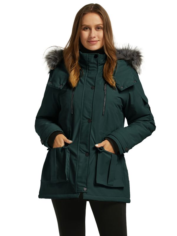Women's Warm Winter Parka Coat With Faux Fur Hood - Blackish Green